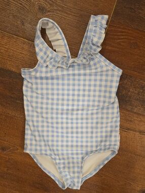 Toddler Girls Blue Gingham One-Piece Swimsuit with Ruffle Strap - Carters